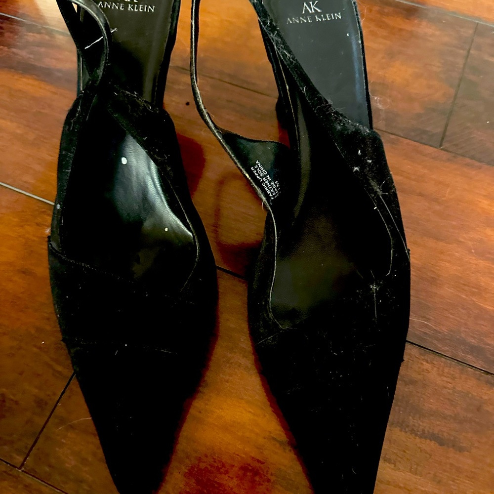 Anne Klein black satin sling backs. Worn once. Little dust in photo. No flaws.